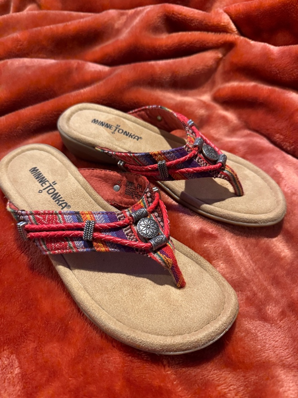 Minnetonka Red Multicolor Woven Thong Sandals - Women's